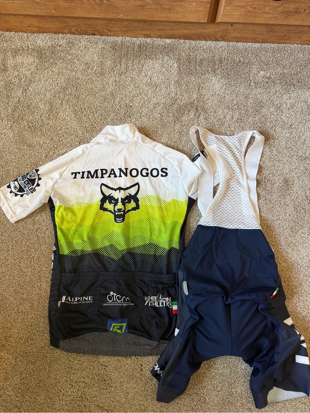 Kids White & Lime Green Cycling Jersey with Navy Bib